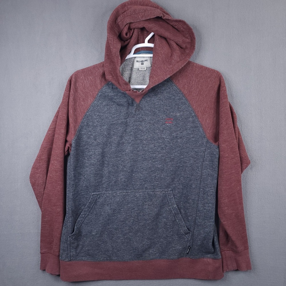 Billabong Mens Hoodie Large Maroon Charcoal‎ Gray Raglan Long Sleeve Pullover L
